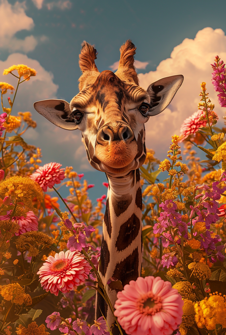 Пример генерации по промпту «Giraffe in flowers by artist arne»